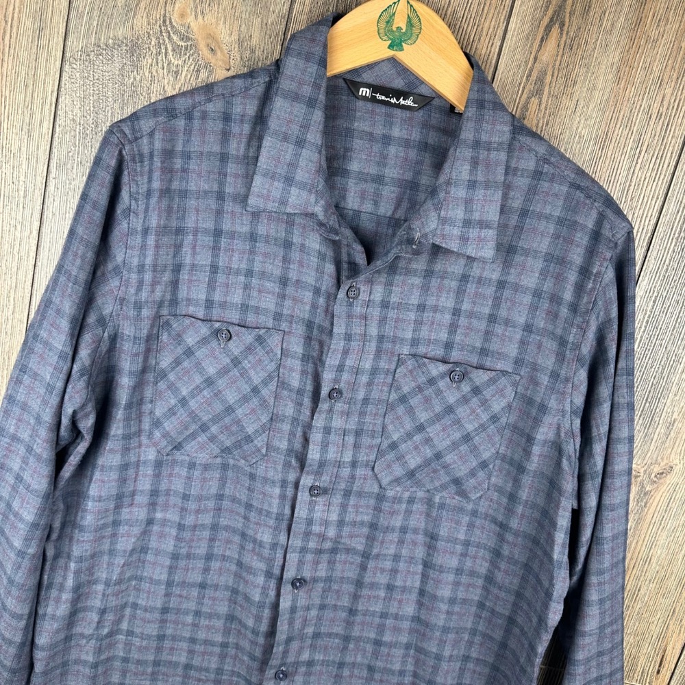 Travis Mathew Mens Blue Gray Plaid Long Sleeve Button Down Shirt Size Large